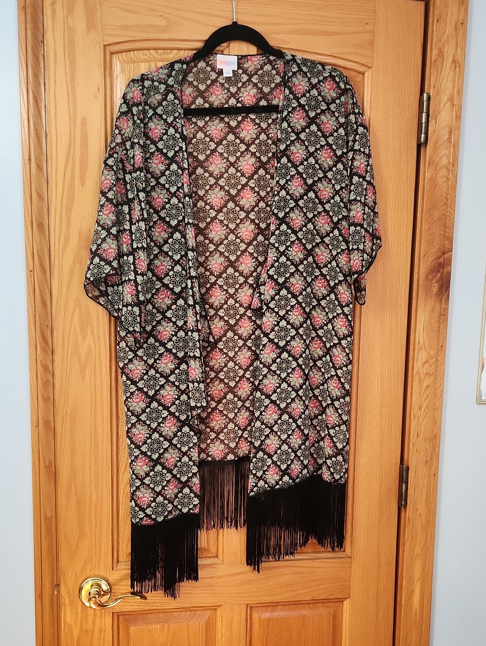 LuLaRoe Black Floral Fringe Kimono